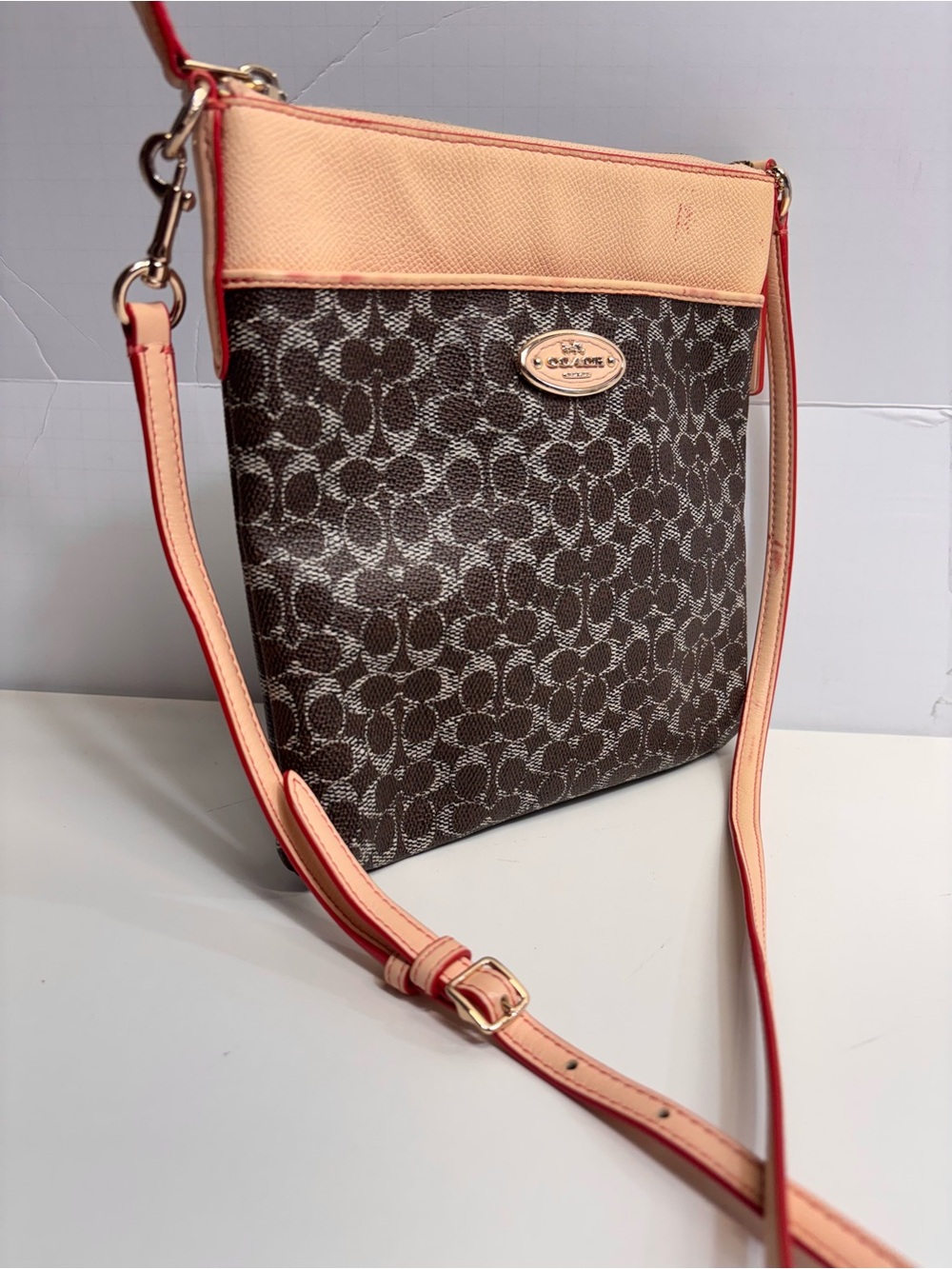 Coach 53006 Signature Canvas Crossbody File Bag Brown Beige Coral